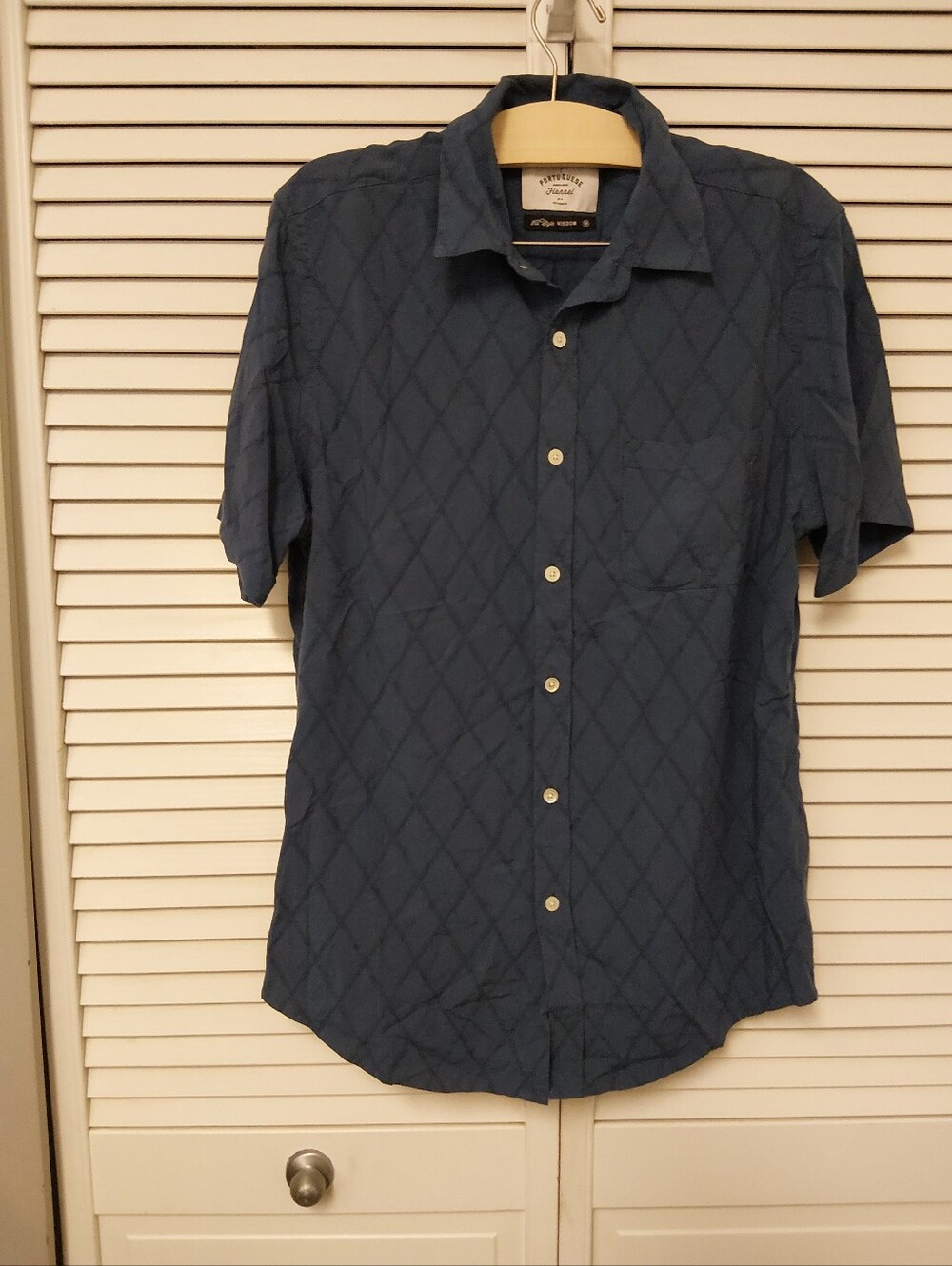 Portuguese Flannel Short-Sleeve Diamond-Texture Casual Button-Down Shirt - Navy